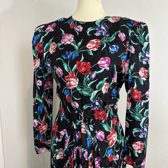VTG Maggy London Jeannene Booher 100% Silk Floral Black Dress Size 10 Bloomcore - Picture 10 of 15